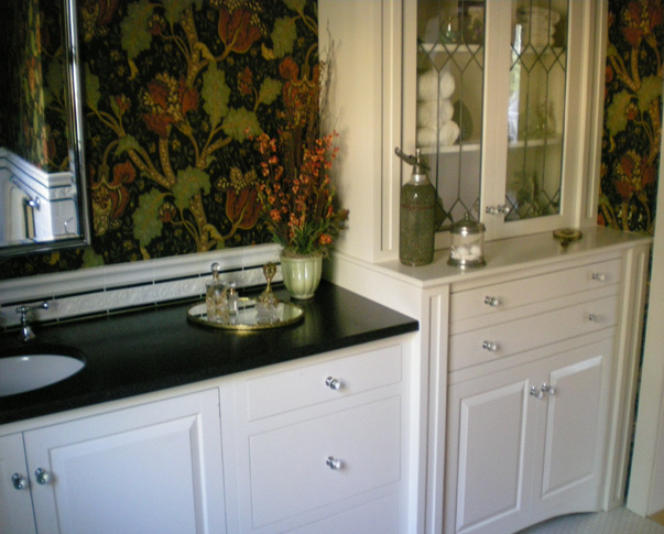 Treehouse Woodworking - Custom Design bathroom vanity with leaded glass doors
