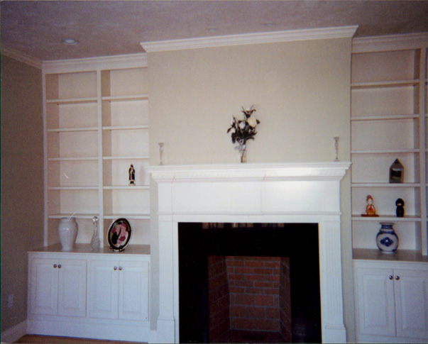 Custom Painted Mantel, Built-In, Bookcases, Storage Base